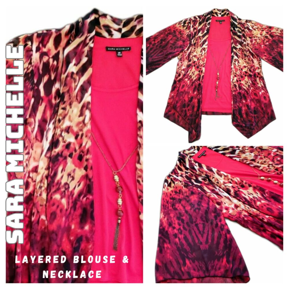 Sara Michelle Women Layered Blouse Necklace Red Animal Print 2X